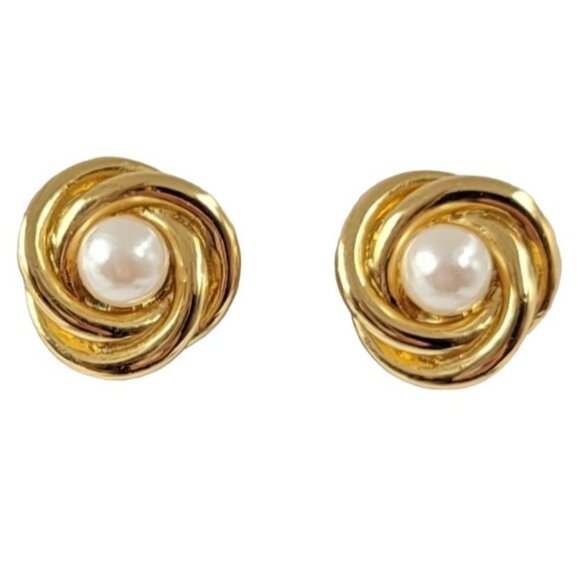 Trifari Gold Tone Faux Pearl Clip On Earrings, Signed - Picture 1 of 10